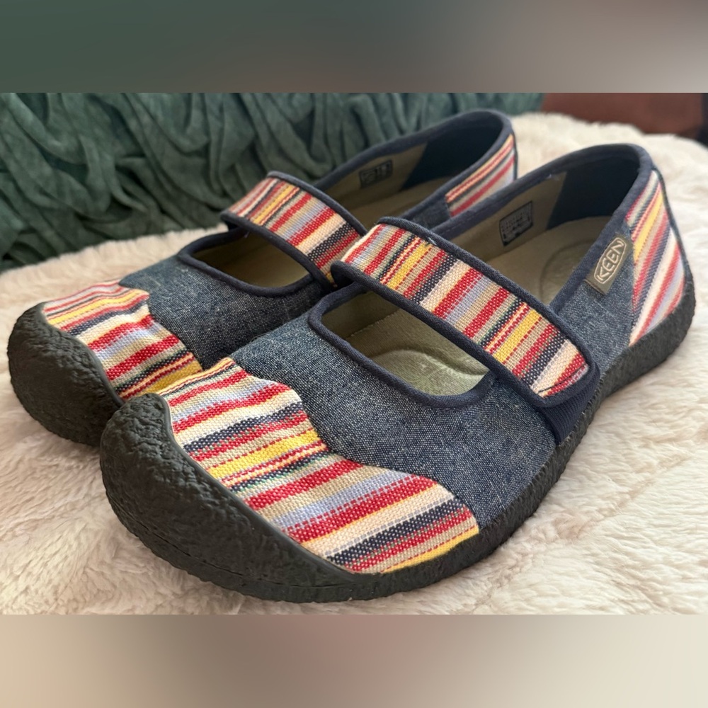 KEEN Women’s Harvest MJ Mary Jane Blue Denim Striped Comfort Shoes Size 9.5